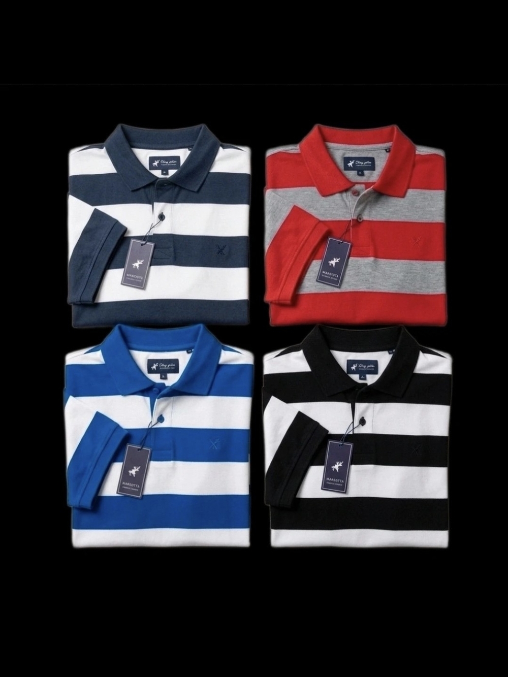 4 Striped Polo Pack - Navy, Red, Royal Blue, Black & White